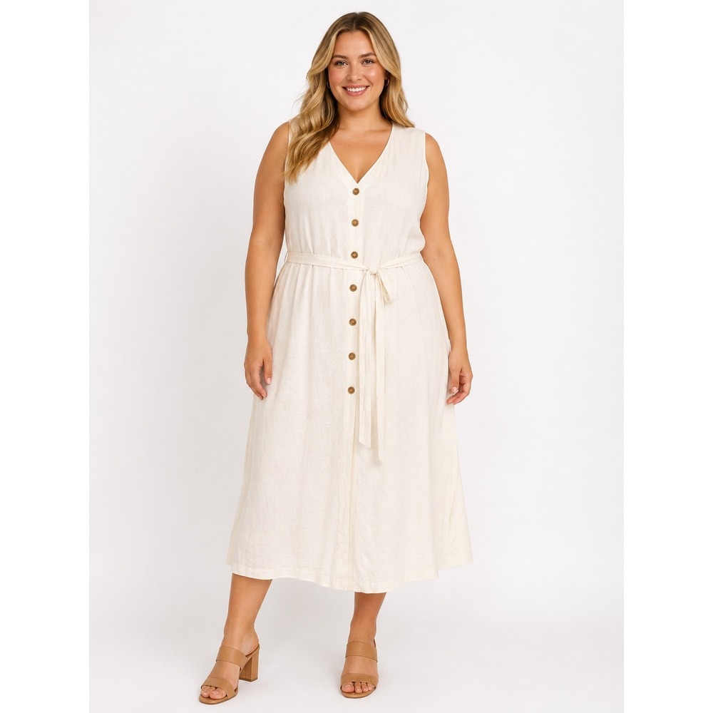 New York &‎ Co. Linen Blend Dress XXL White Button Front Midi Belted
